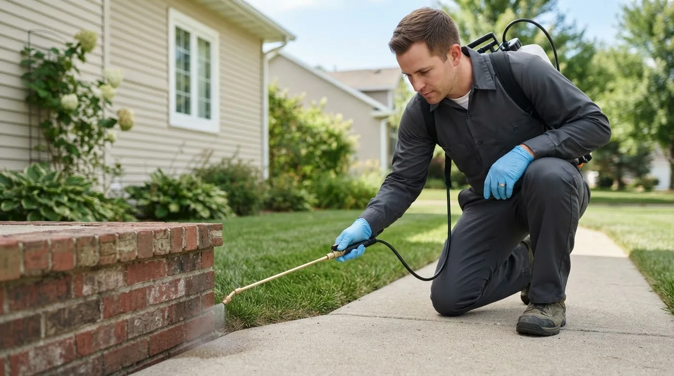 Pest control technician treating a home near Paradise, TX